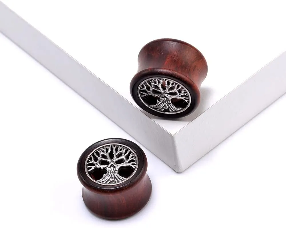 2PCS Organic Red Sandalwood Hollow Double Flared Ear Gauges Tunnels Expander Tree Of Life Jewelry For Man For Woman Body Piercing Jewelry 0g-1 inch.