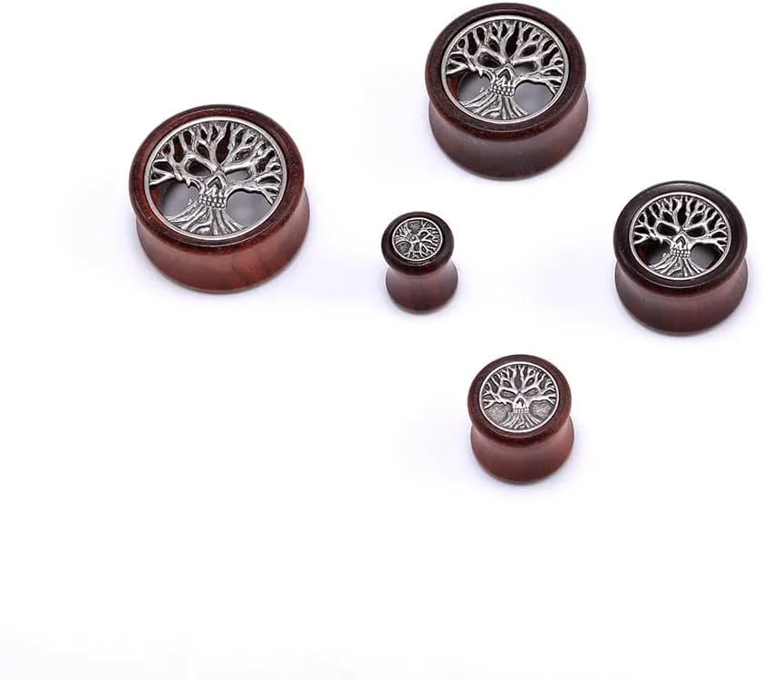 2PCS Organic Red Sandalwood Hollow Double Flared Ear Gauges Tunnels Expander Tree Of Life Jewelry For Man For Woman Body Piercing Jewelry 0g-1 inch.