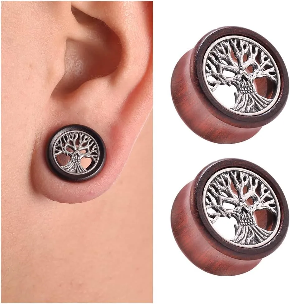 2PCS Organic Red Sandalwood Hollow Double Flared Ear Gauges Tunnels Expander Tree Of Life Jewelry For Man For Woman Body Piercing Jewelry 0g-1 inch.