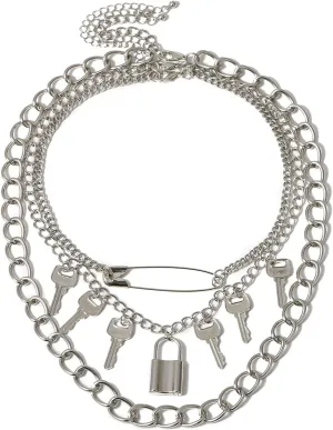 3-5Pcs Punk Layered Key Lock Chunky Chain Choker Necklace Set Gothic Stacking Safety Pin Spike Rivet Collar Necklace for Men Women Hip Hop Rock Cool Adjustable Bar Party Jewelry