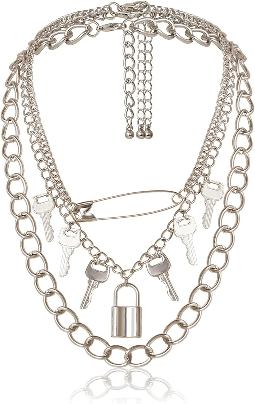 3-5Pcs Punk Layered Key Lock Chunky Chain Choker Necklace Set Gothic Stacking Safety Pin Spike Rivet Collar Necklace for Men Women Hip Hop Rock Cool Adjustable Bar Party Jewelry