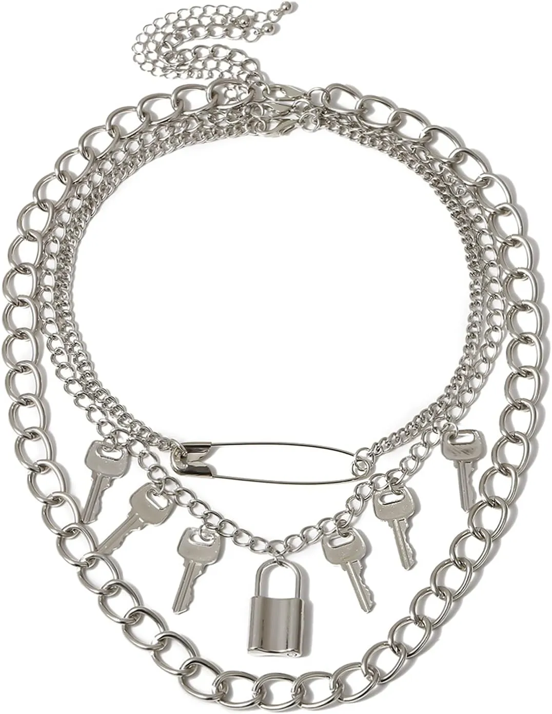 3-5Pcs Punk Layered Key Lock Chunky Chain Choker Necklace Set Gothic Stacking Safety Pin Spike Rivet Collar Necklace for Men Women Hip Hop Rock Cool Adjustable Bar Party Jewelry