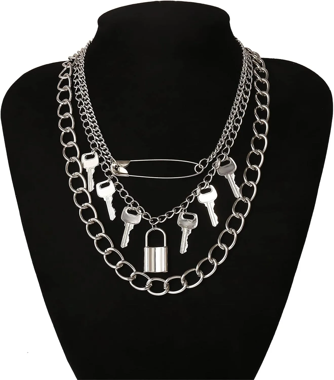 3-5Pcs Punk Layered Key Lock Chunky Chain Choker Necklace Set Gothic Stacking Safety Pin Spike Rivet Collar Necklace for Men Women Hip Hop Rock Cool Adjustable Bar Party Jewelry