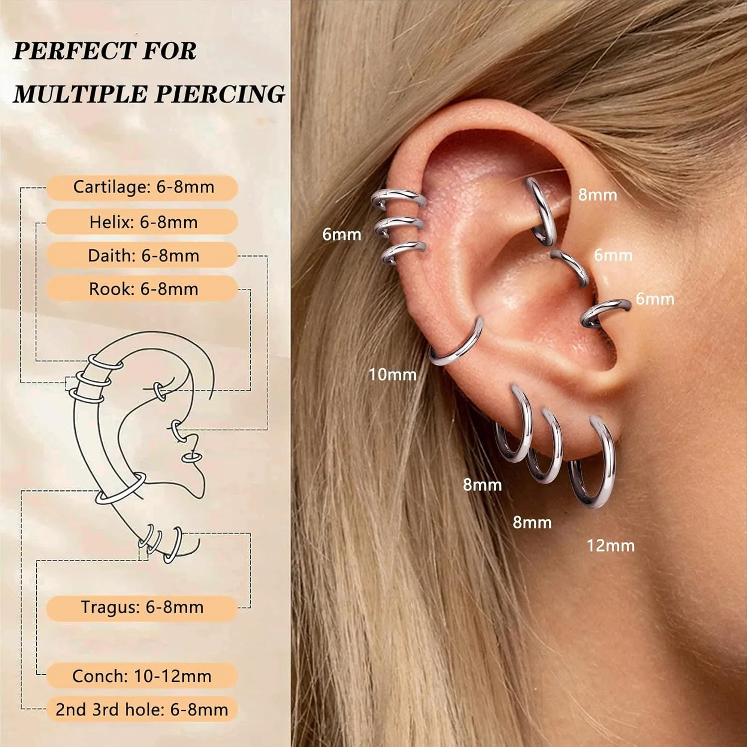 3 Pairs 925 Sterling Silver Hoop Earrings for Women Men Lightweight Small Helix Cartilage Hinged Hoop Earrings 18K White Gold Plated Huggie Hoop Earrings Set 6mm 8mm 10mm 12mm