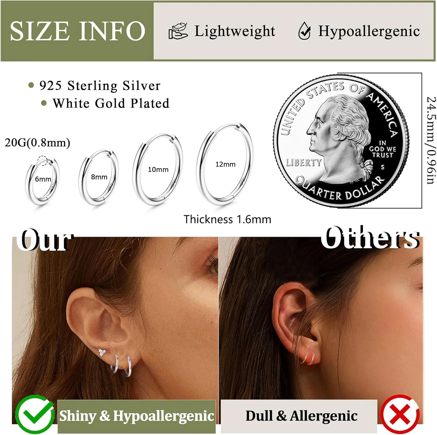 3 Pairs 925 Sterling Silver Hoop Earrings for Women Men Lightweight Small Helix Cartilage Hinged Hoop Earrings 18K White Gold Plated Huggie Hoop Earrings Set 6mm 8mm 10mm 12mm