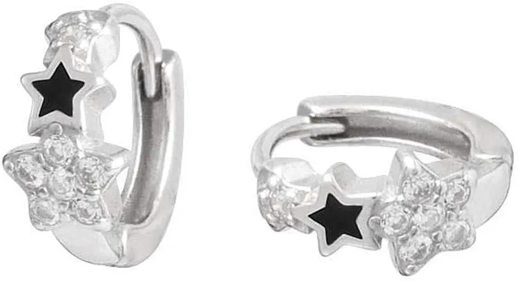 3 Star Cubic Zirconia Sleeper Small Hoop Earrings for Women Sterling Silver Cartilage Tiny Cute CZ Huggie Hoops Hypoallergenic for Sensitive Ear Starlet Cuff Delicate Jewelry 8mm