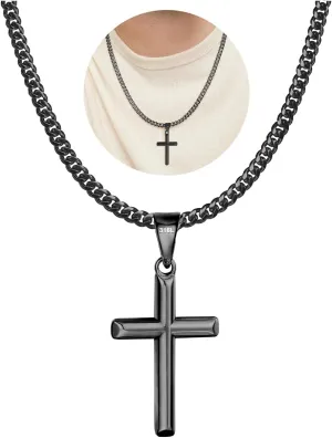 316L Stainless Steel Cross Necklace Graduation Gifts for Men Boys, Silver Gold Black Mens Boys Chain Necklaces 5mm Non-Fading Sturdy Cuban Chain with Cross Pendant Jewelry for Him 14-24inch