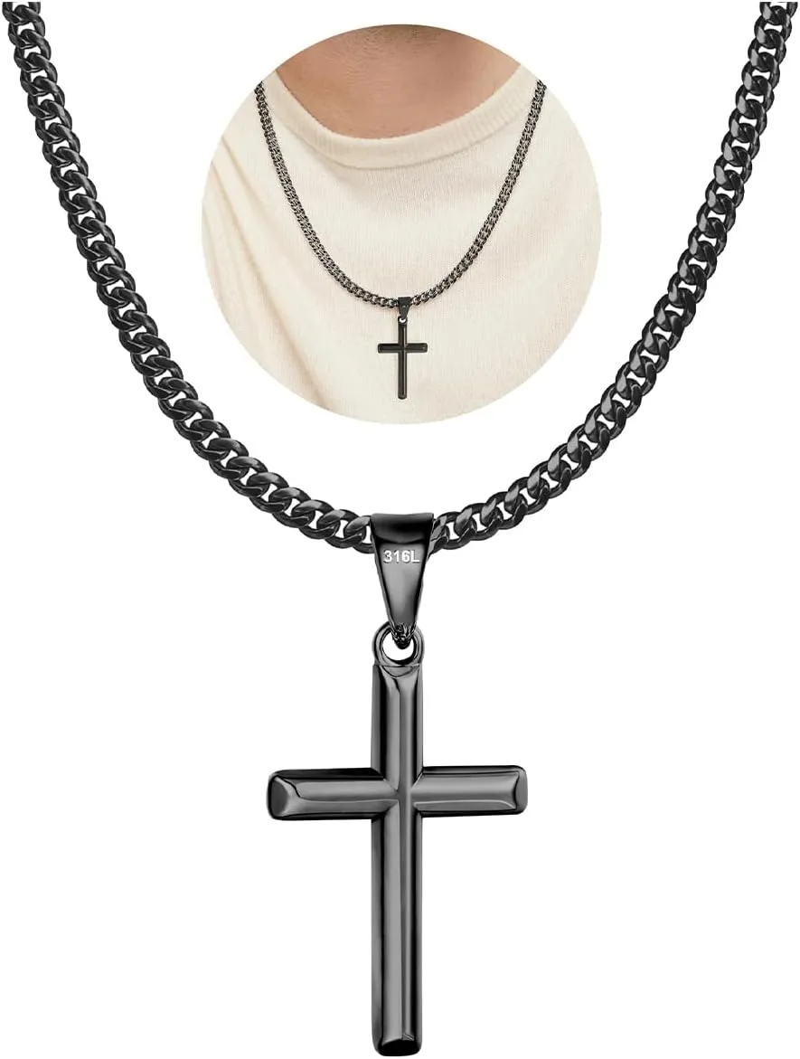 316L Stainless Steel Cross Necklace Graduation Gifts for Men Boys, Silver Gold Black Mens Boys Chain Necklaces 5mm Non-Fading Sturdy Cuban Chain with Cross Pendant Jewelry for Him 14-24inch