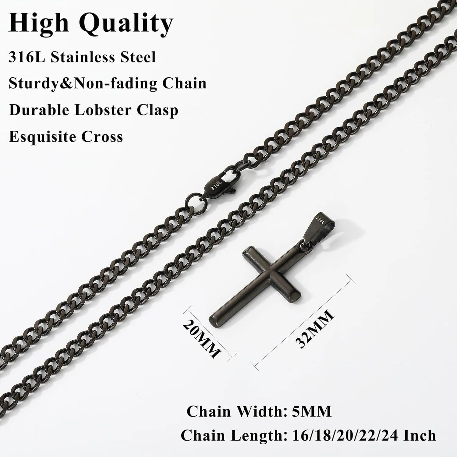 316L Stainless Steel Cross Necklace Graduation Gifts for Men Boys, Silver Gold Black Mens Boys Chain Necklaces 5mm Non-Fading Sturdy Cuban Chain with Cross Pendant Jewelry for Him 14-24inch