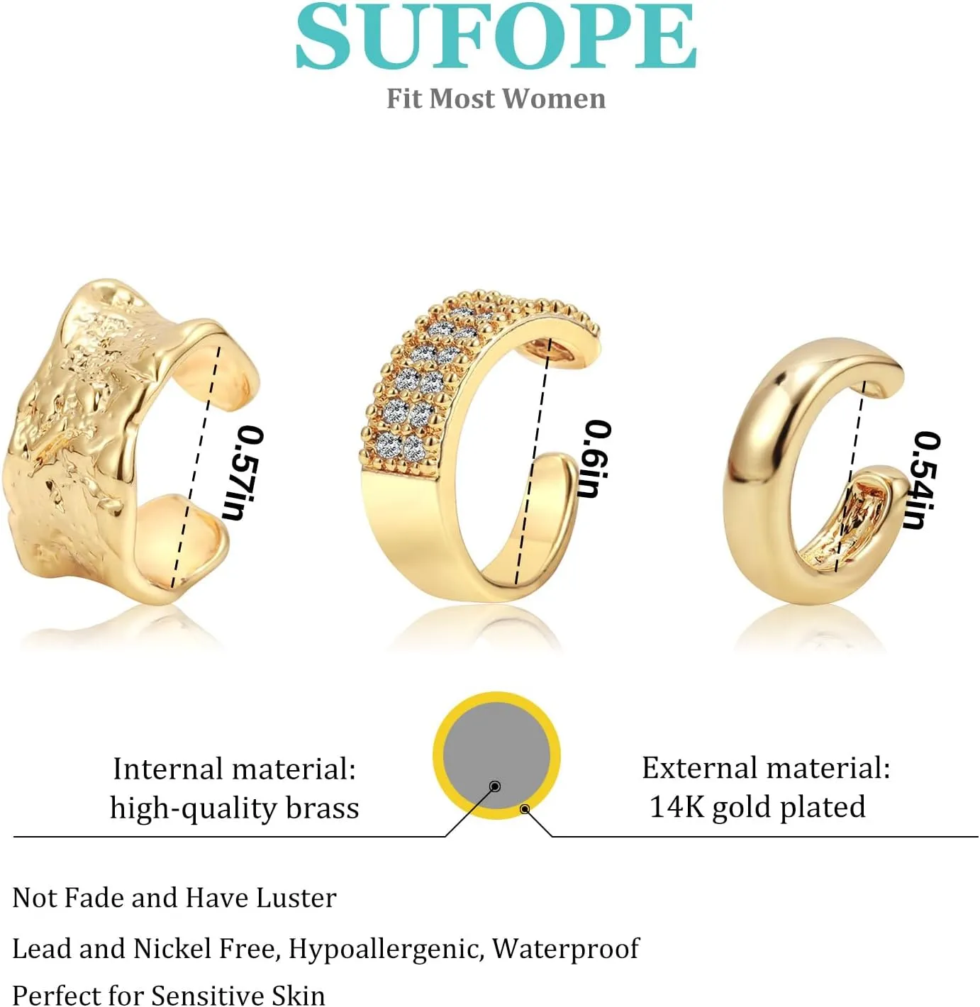 3Pcs Ear Cuff Earrings for Women, 14K Gold Plated Gold Ear Cuffs Non Pierced Ear Clips Cartilage Wrap Ear Cuff CZ Earring Set for Women Trendy Jewelry