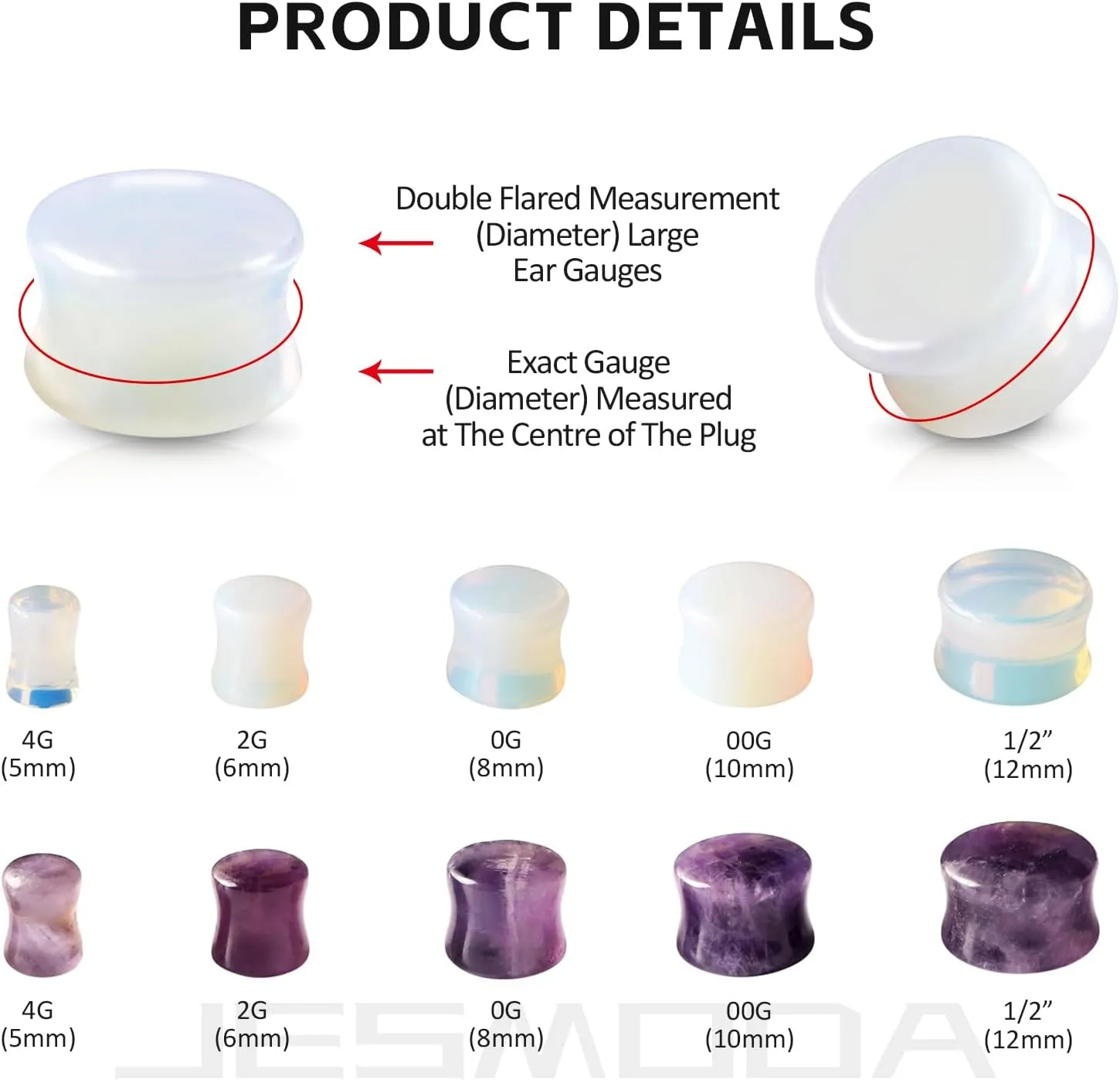 4PCS Ear Plugs Natural Stone Plugs Opal Amethyst Stone Ear Plugs Ear Gauges Double Flare Clear Opalite Moonstone Ear Tunnels Stretcher for Ear Expander 2G-11/16