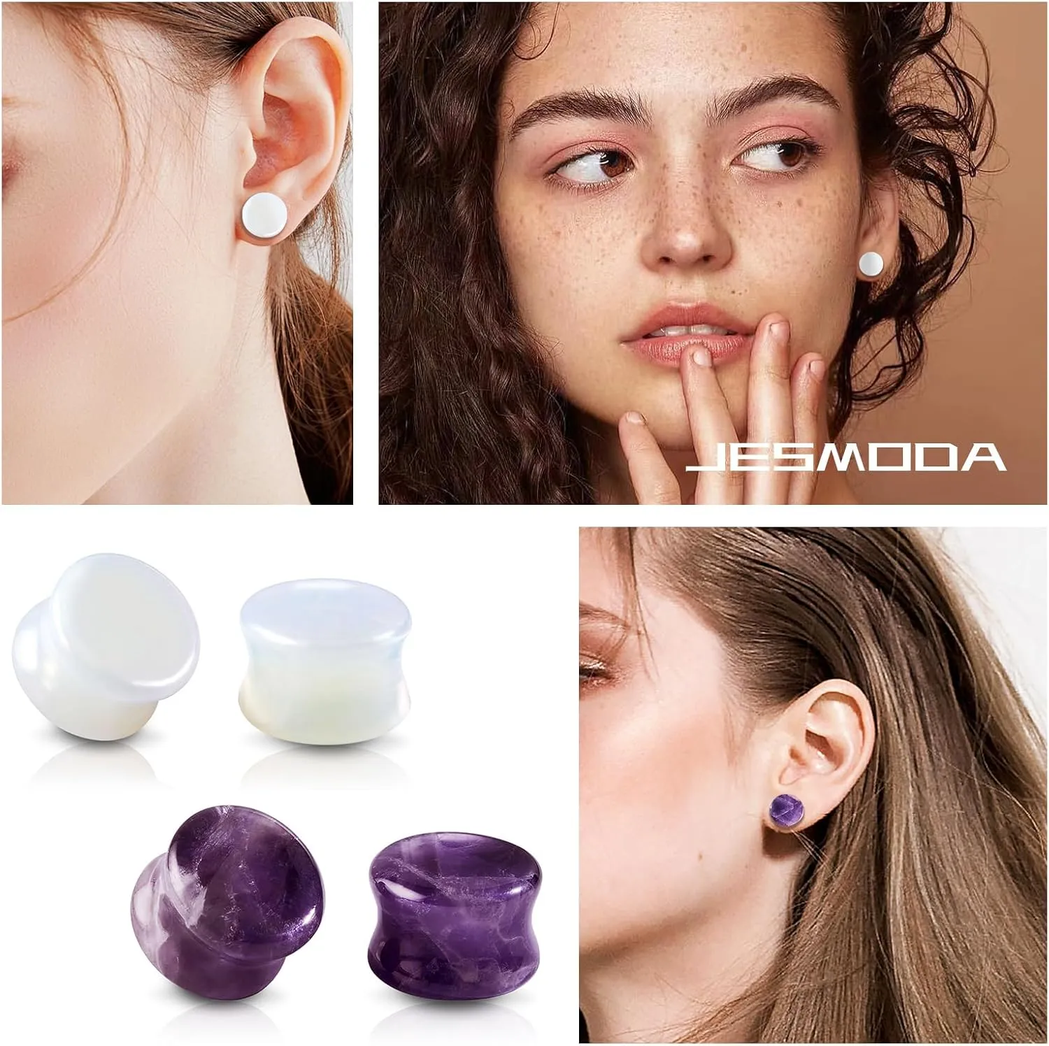 4PCS Ear Plugs Natural Stone Plugs Opal Amethyst Stone Ear Plugs Ear Gauges Double Flare Clear Opalite Moonstone Ear Tunnels Stretcher for Ear Expander 2G-11/16