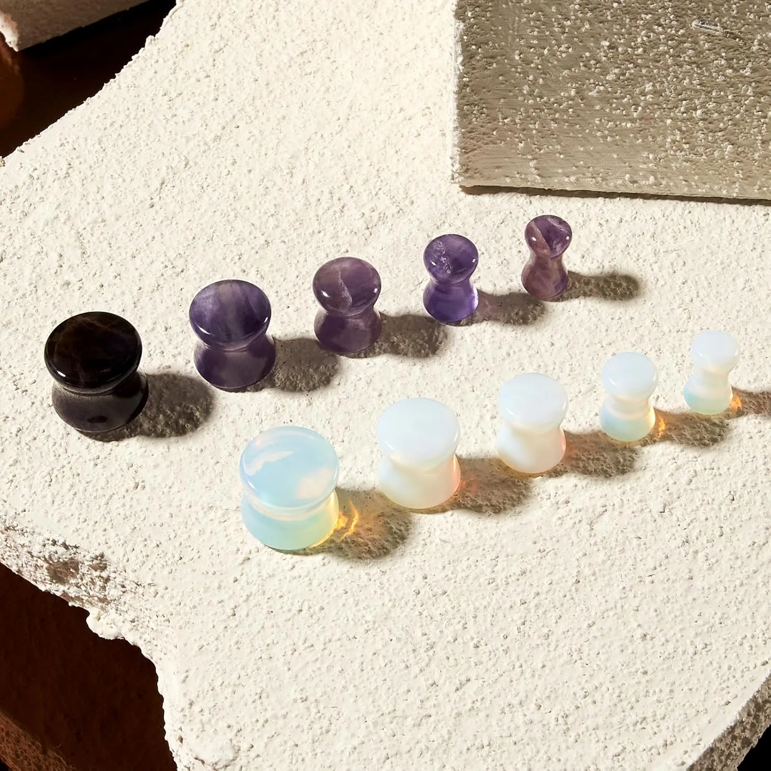 4PCS Ear Plugs Natural Stone Plugs Opal Amethyst Stone Ear Plugs Ear Gauges Double Flare Clear Opalite Moonstone Ear Tunnels Stretcher for Ear Expander 2G-11/16