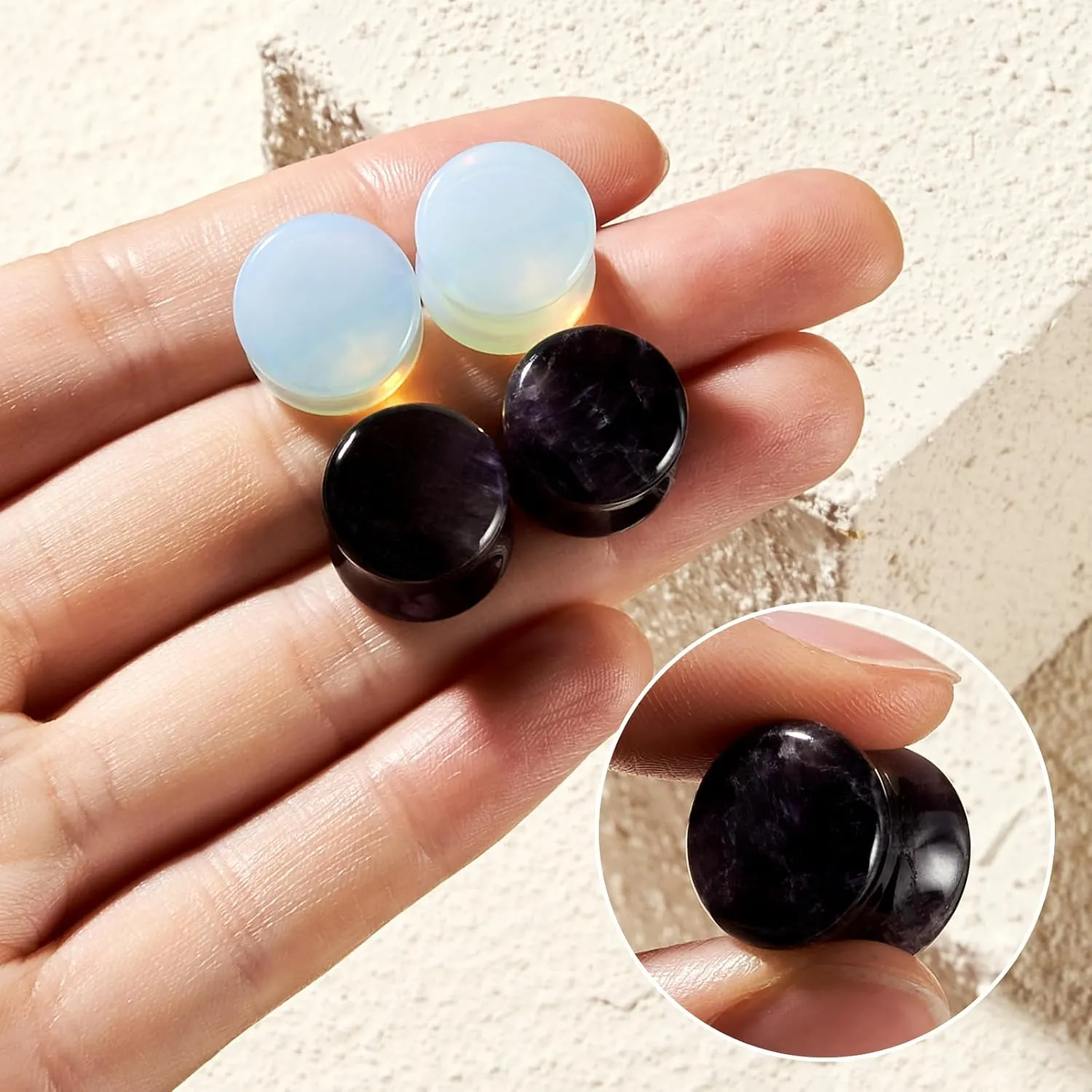 4PCS Ear Plugs Natural Stone Plugs Opal Amethyst Stone Ear Plugs Ear Gauges Double Flare Clear Opalite Moonstone Ear Tunnels Stretcher for Ear Expander 2G-11/16