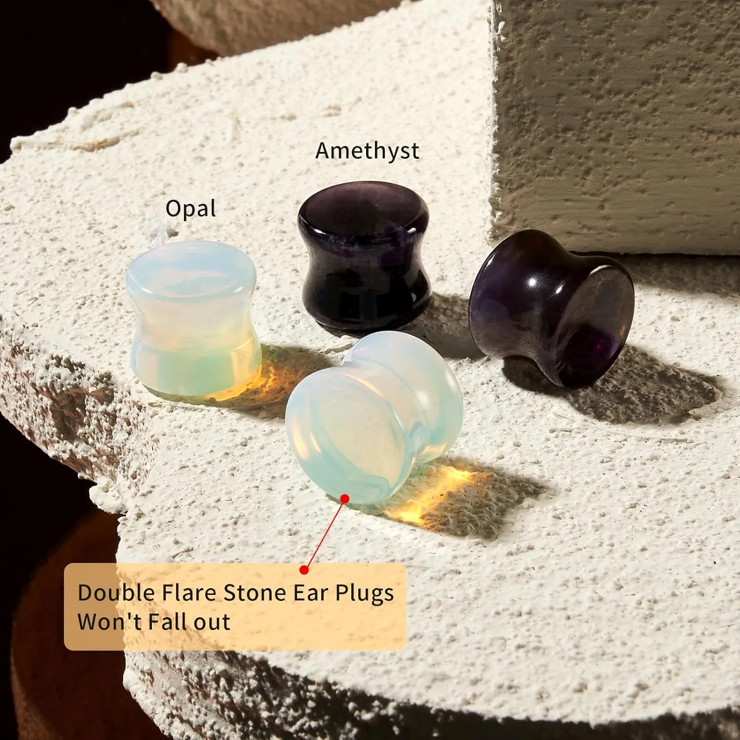 4PCS Ear Plugs Natural Stone Plugs Opal Amethyst Stone Ear Plugs Ear Gauges Double Flare Clear Opalite Moonstone Ear Tunnels Stretcher for Ear Expander 2G-11/16