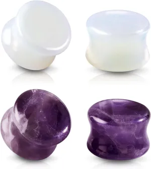 4PCS Ear Plugs Natural Stone Plugs Opal Amethyst Stone Ear Plugs Ear Gauges Double Flare Clear Opalite Moonstone Ear Tunnels Stretcher for Ear Expander 2G-11/16