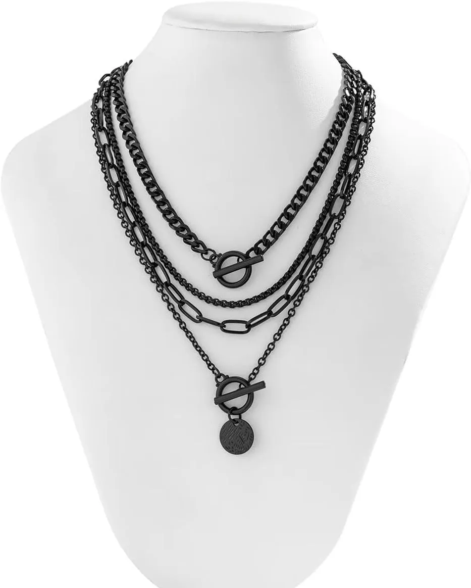 4Pcs Gothic Black Layered Chain Choker Necklace Set for Women Retro Heart Star Coin Pendant Necklace Halloween Christmas Birthday Jewelry for Ladies