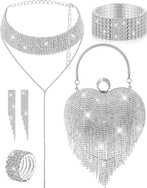 5 Pcs Valentine's Day Rhinestone Clutch Purses Jewelry Set for Women Heart Shape Tassel Evening Clutch Bag
