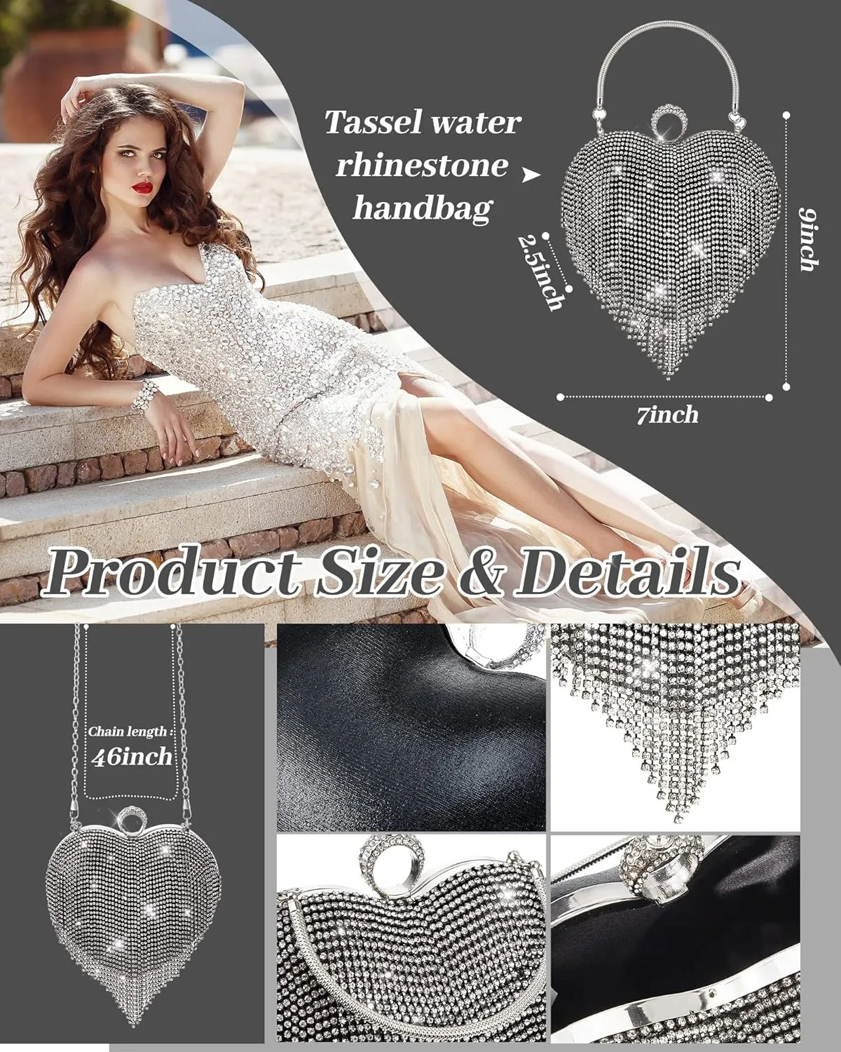 5 Pcs Valentine's Day Rhinestone Clutch Purses Jewelry Set for Women Heart Shape Tassel Evening Clutch Bag