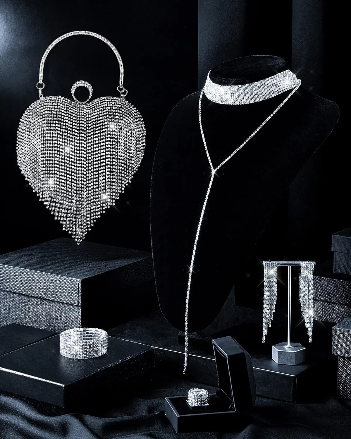 5 Pcs Valentine's Day Rhinestone Clutch Purses Jewelry Set for Women Heart Shape Tassel Evening Clutch Bag