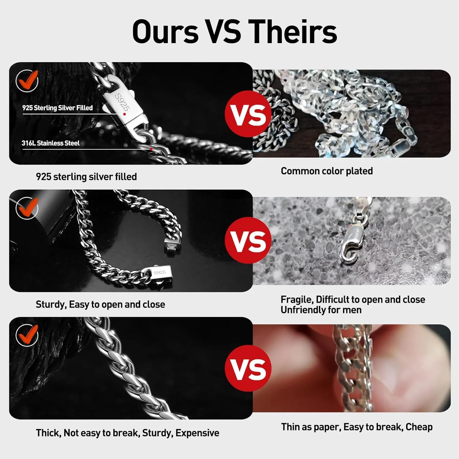 7mm Miami Cuban Link Chain Necklace for Men And Women, 316l Stainless Steel And 925 Sterling Silver Filled, Available In 16/18/20/22/24/26/28/30 Inches Silver Chain for Men Necklace