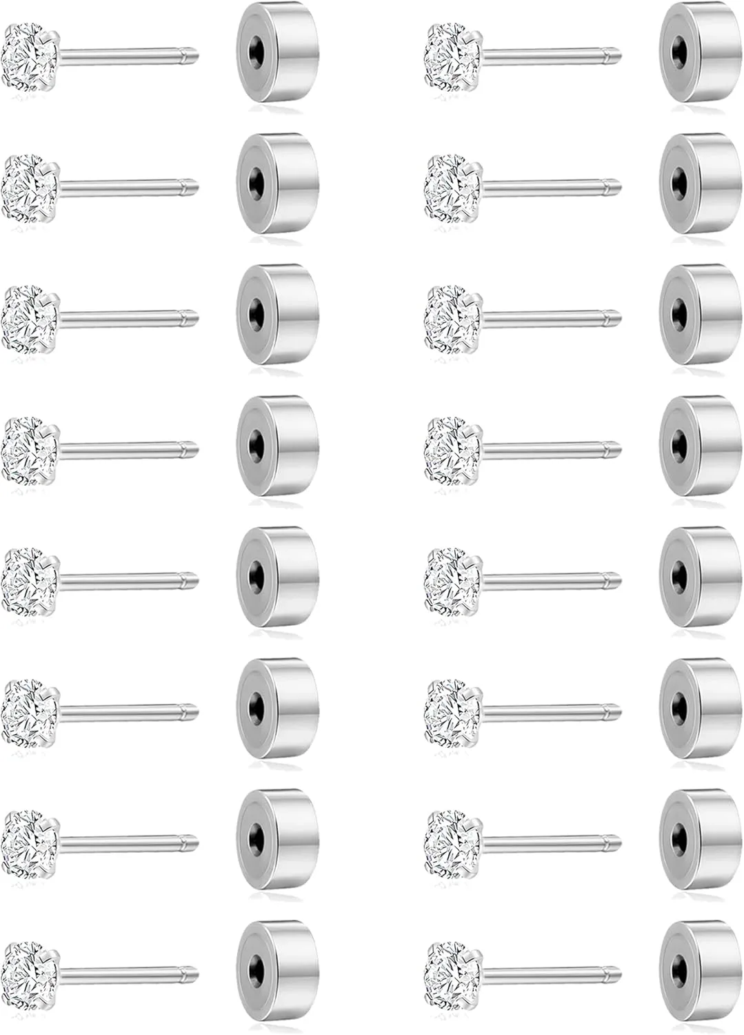 8 Pairs FlatBack Threadless Tiny Stud Earrings for Women Men 316L Stainless Steel Cubic Zirconia Push in Cartilage Tragus Helix Earring Piercing Jewelry Set Silver Gold Tone 2mm 20G