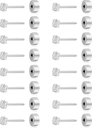 8 Pairs FlatBack Threadless Tiny Stud Earrings for Women Men 316L Stainless Steel Cubic Zirconia Push in Cartilage Tragus Helix Earring Piercing Jewelry Set Silver Gold Tone 2mm 20G
