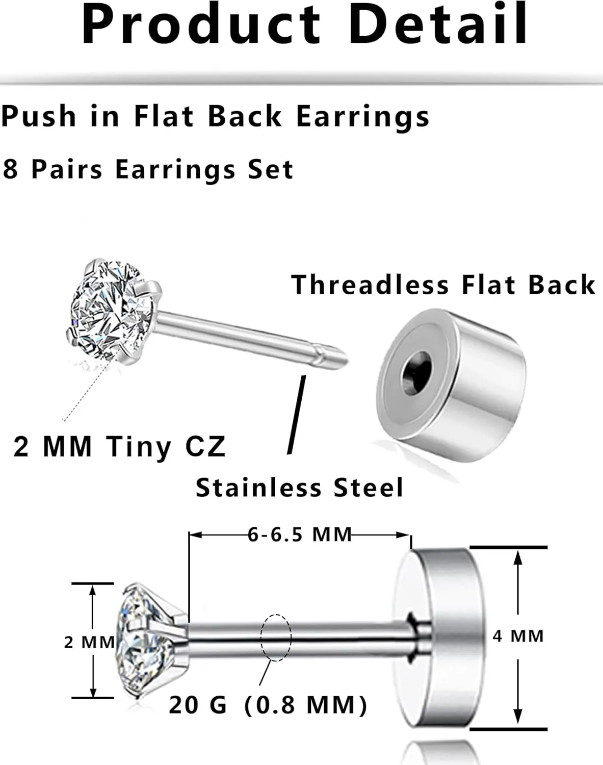 8 Pairs FlatBack Threadless Tiny Stud Earrings for Women Men 316L Stainless Steel Cubic Zirconia Push in Cartilage Tragus Helix Earring Piercing Jewelry Set Silver Gold Tone 2mm 20G