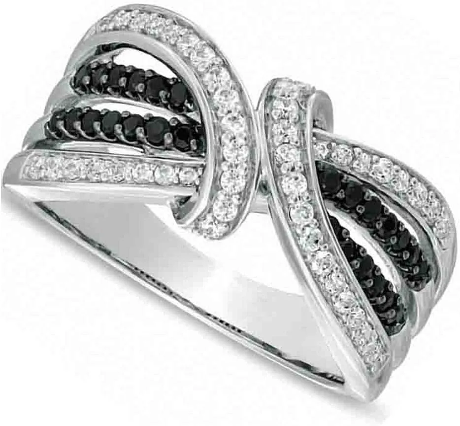 925 Sterling Silver 1/2 Ct Round Cut Enhanced Black and White Diamond Loose Knot Ring for Women (Color I-J, Clarity I3)