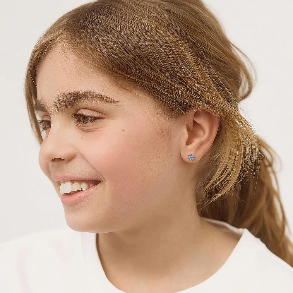 925 Sterling Silver 5mm Girls CZ Heart Earrings Simulated Birthstone Bezel with Screw Back Stud Baby Earrings - Safety Screw Back for Toddlers - Quality Heart Cubic Zirconia Earrings for Kids