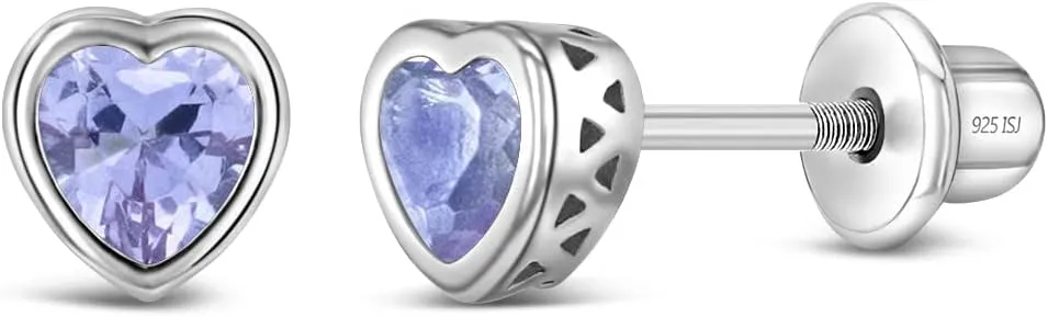 925 Sterling Silver 5mm Girls CZ Heart Earrings Simulated Birthstone Bezel with Screw Back Stud Baby Earrings - Safety Screw Back for Toddlers - Quality Heart Cubic Zirconia Earrings for Kids
