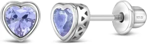 925 Sterling Silver 5mm Girls CZ Heart Earrings Simulated Birthstone Bezel with Screw Back Stud Baby Earrings - Safety Screw Back for Toddlers - Quality Heart Cubic Zirconia Earrings for Kids