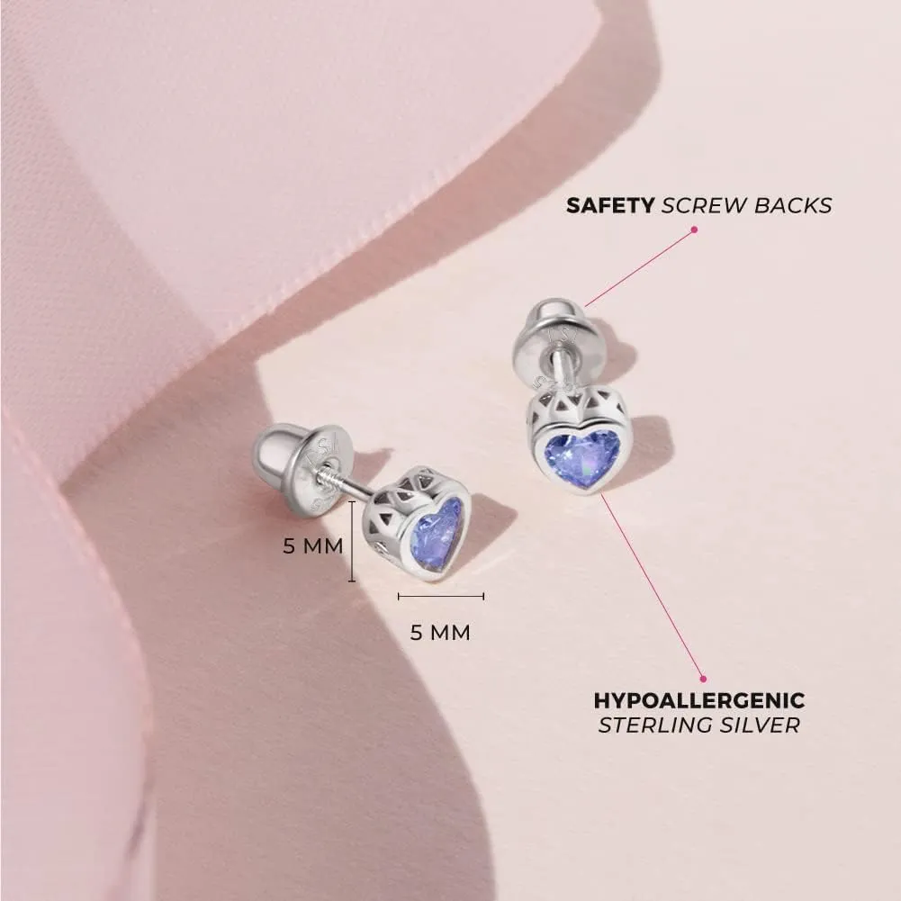 925 Sterling Silver 5mm Girls CZ Heart Earrings Simulated Birthstone Bezel with Screw Back Stud Baby Earrings - Safety Screw Back for Toddlers - Quality Heart Cubic Zirconia Earrings for Kids