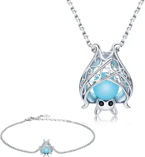 925 Sterling Silver Bat Necklace Bracelet Cute Animal Glowing in the Dark Halloween Jewelry Gift for Women Girl