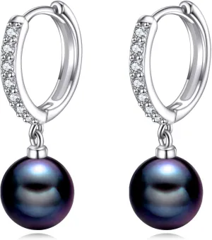 925 Sterling Silver Black Pearl Hoop Earrings Dangle Drop Jewelry Gifts for Women