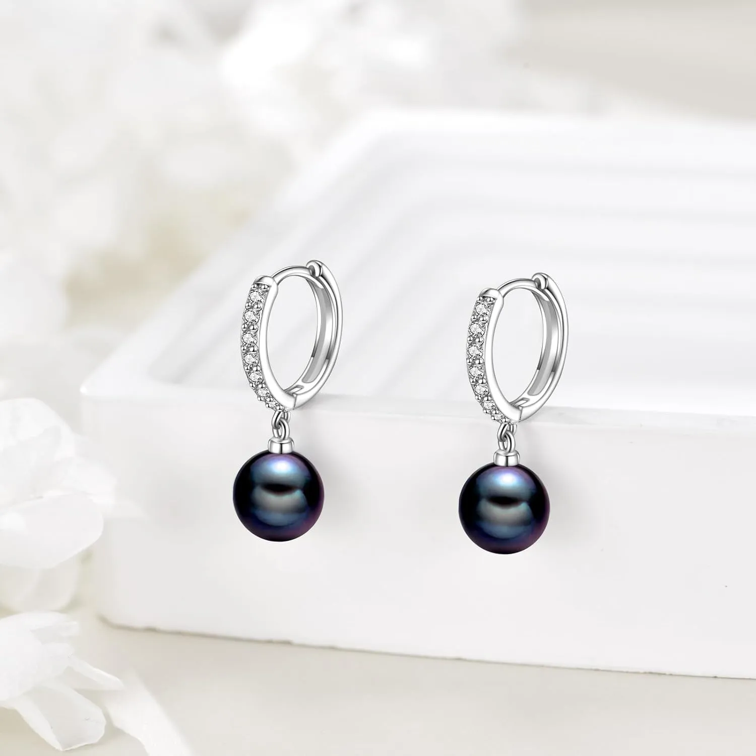 925 Sterling Silver Black Pearl Hoop Earrings Dangle Drop Jewelry Gifts for Women