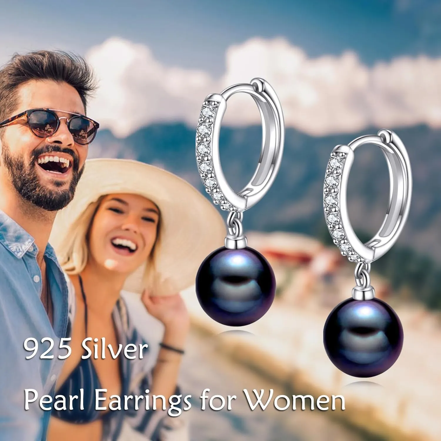 925 Sterling Silver Black Pearl Hoop Earrings Dangle Drop Jewelry Gifts for Women
