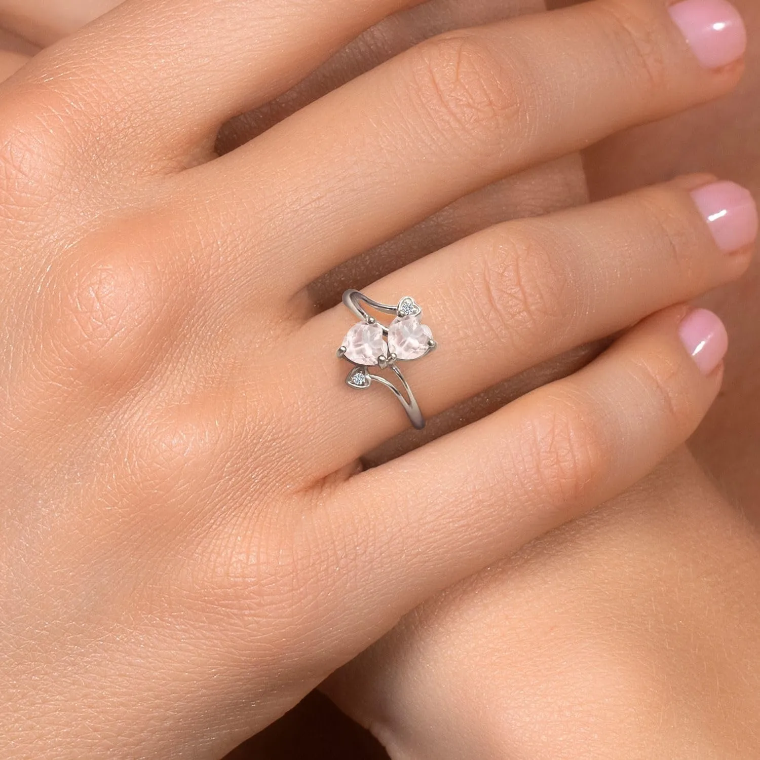 925 Sterling Silver Double Heart Promise Ring for Women | 6MM Gemstone Birthstone with 1.5MM White Moissanite Accents | 2-Stone Fine Jewelry for Engagement Wedding Anniversary | Size 5-9