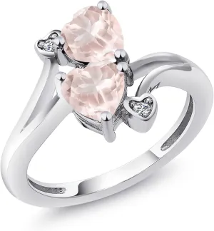 925 Sterling Silver Double Heart Promise Ring for Women | 6MM Gemstone Birthstone with 1.5MM White Moissanite Accents | 2-Stone Fine Jewelry for Engagement Wedding Anniversary | Size 5-9