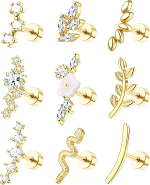 9Pcs Flat Back Cartilage Earrings for Women Trendy 16G Tragus Conch Helix Piercing Jewelry Stainless Steel Snake Star CZ Flat Back Stud Earrings Set