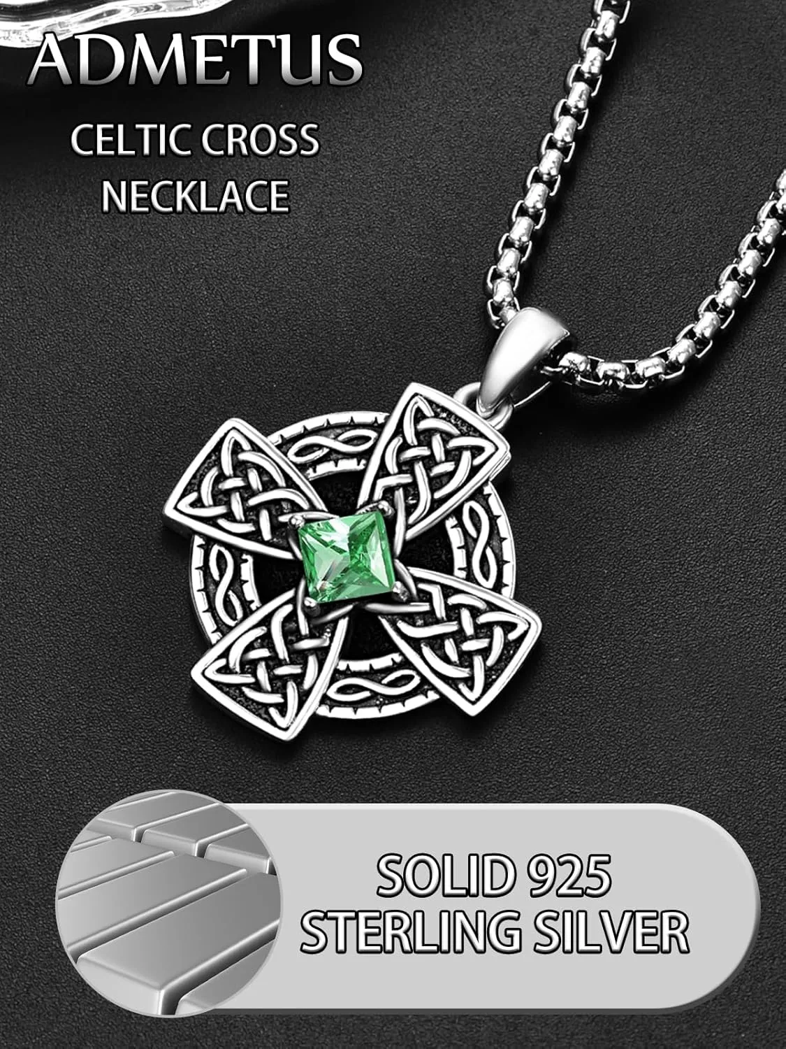 ADMETUS Birthstone Celtic Cross Necklace 925 Sterling Silver January-December Cross Necklace for Men Irish Jewelry Birthstone Gifts for Men with 2.5mm 22" 2" Rolo Chain