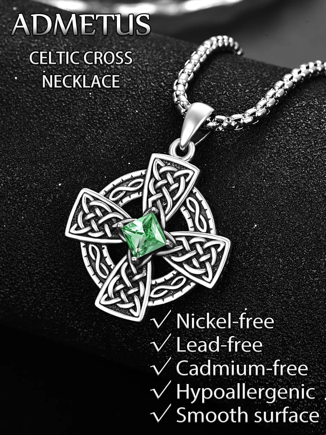 ADMETUS Birthstone Celtic Cross Necklace 925 Sterling Silver January-December Cross Necklace for Men Irish Jewelry Birthstone Gifts for Men with 2.5mm 22" 2" Rolo Chain