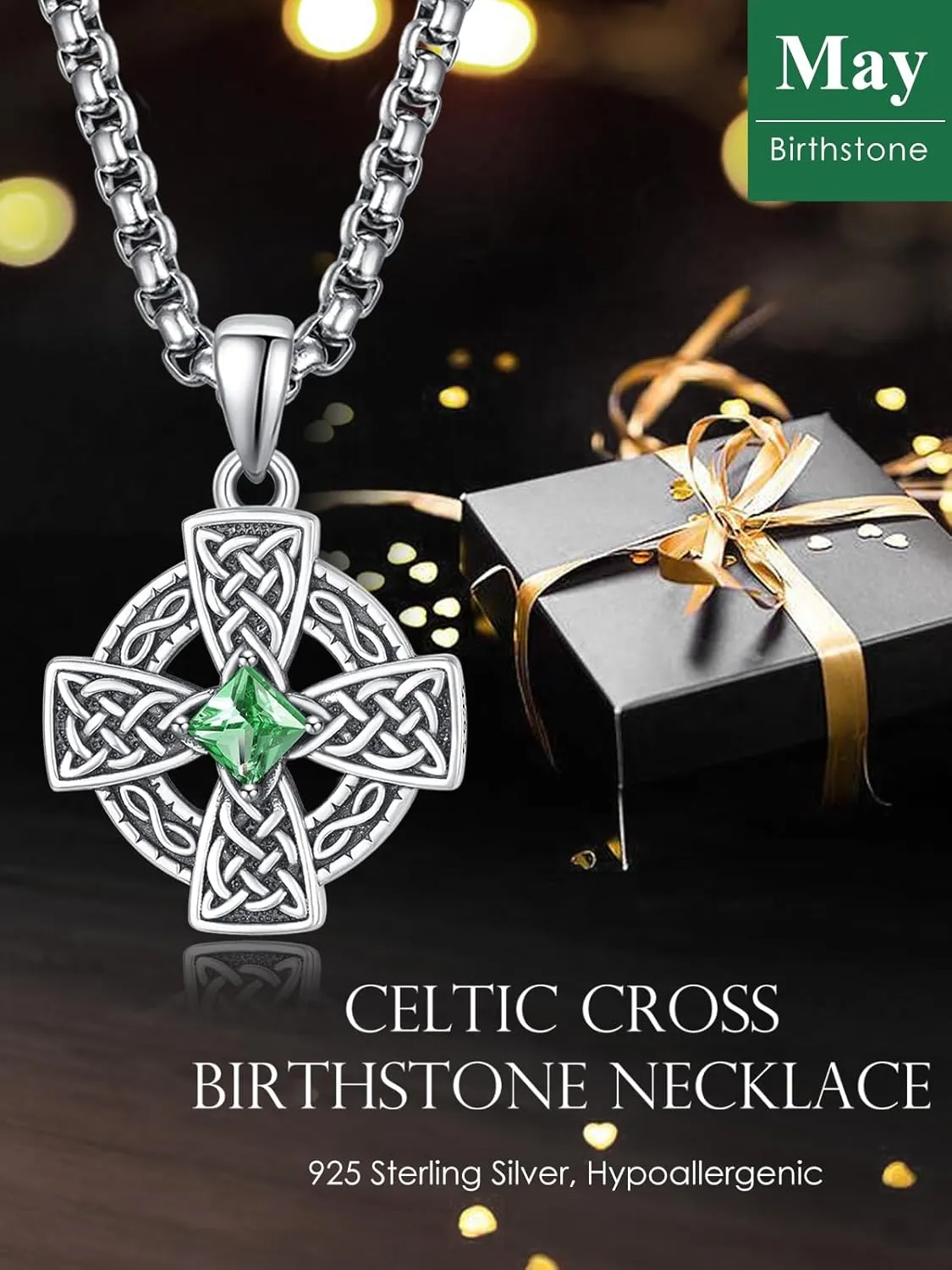ADMETUS Birthstone Celtic Cross Necklace 925 Sterling Silver January-December Cross Necklace for Men Irish Jewelry Birthstone Gifts for Men with 2.5mm 22" 2" Rolo Chain
