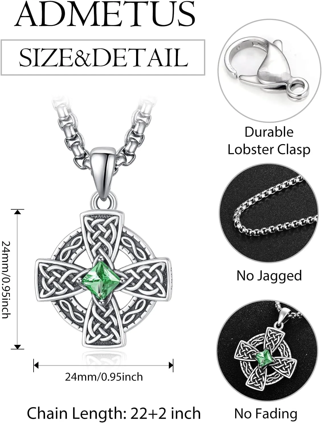 ADMETUS Birthstone Celtic Cross Necklace 925 Sterling Silver January-December Cross Necklace for Men Irish Jewelry Birthstone Gifts for Men with 2.5mm 22" 2" Rolo Chain