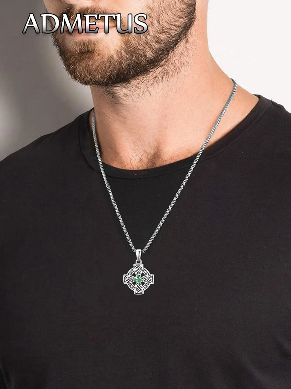 ADMETUS Birthstone Celtic Cross Necklace 925 Sterling Silver January-December Cross Necklace for Men Irish Jewelry Birthstone Gifts for Men with 2.5mm 22" 2" Rolo Chain