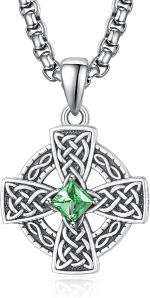 ADMETUS Birthstone Celtic Cross Necklace 925 Sterling Silver January-December Cross Necklace for Men Irish Jewelry Birthstone Gifts for Men with 2.5mm 22" 2" Rolo Chain
