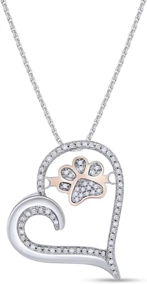 AFFY Paw Print Dog Cat Heart Pendant Necklace, 925 Sterling Silver & 10K Solid Gold Natural Diamond, Two Tone Heart Necklace for Pet Lovers, Elegant Silver Gift for Her
