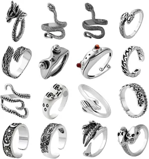 AIDSOTOU Mens Vintage Open Rings Set Frog Snake Skull Cool Punk Goth Ring for Men Women Adjustable (Silver-16 PCS)