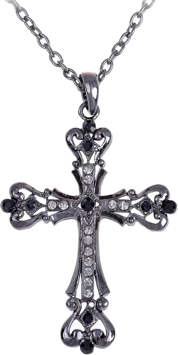 Alilang Womens Black Silver Clear Crystal Rhinestones Celtic Holy Cross Pendant Necklace