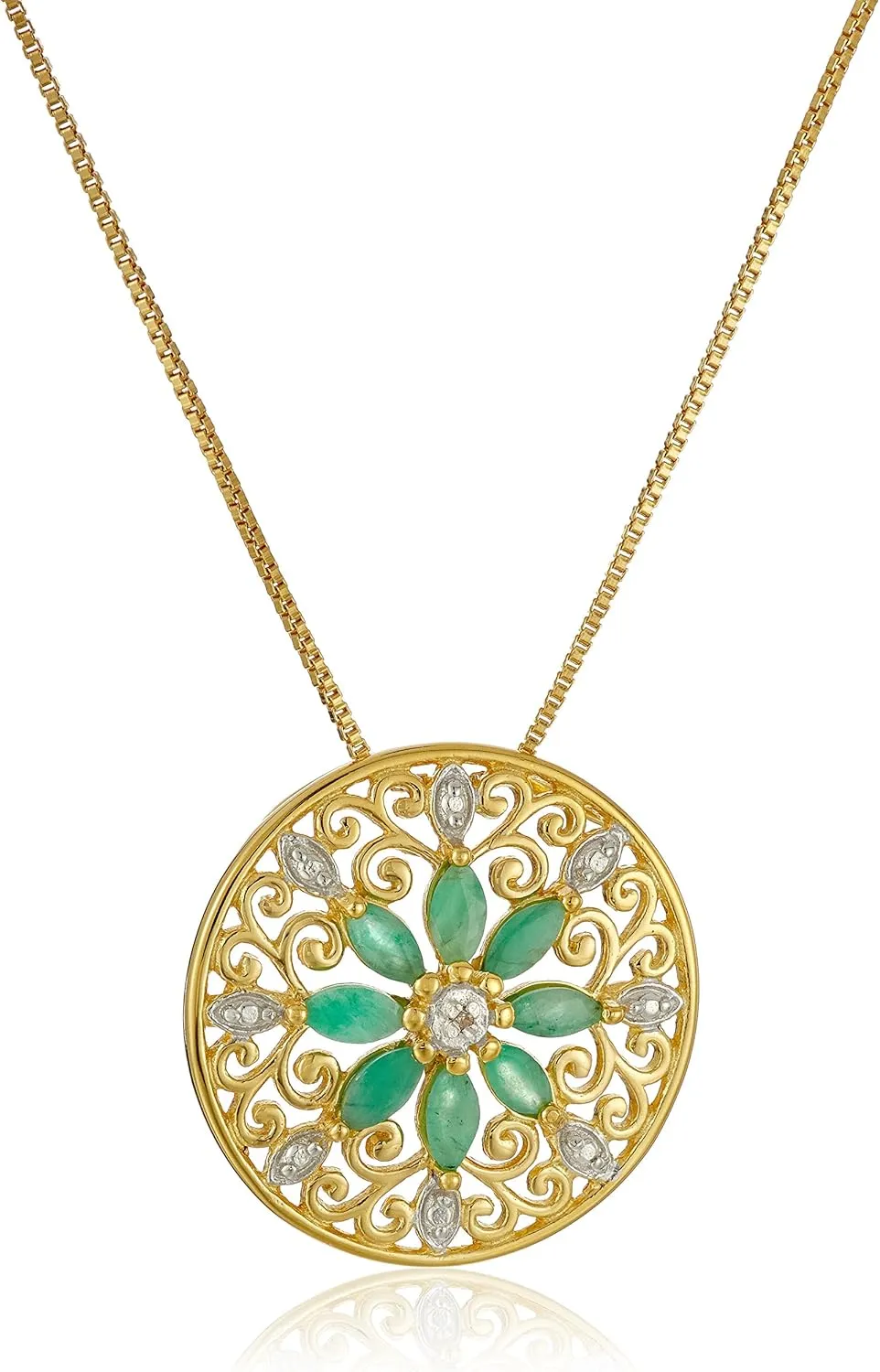 Amazon Essentials 18k Yellow Gold Plated Sterling Silver Gemstone and Diamond Accent Filigree Mandala Pendant Necklace, 18" (previously Amazon Collection)